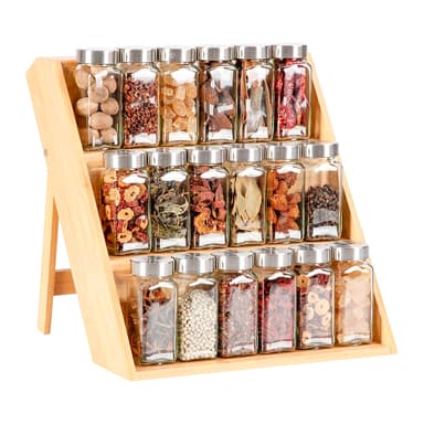 Bamboo Spice Rack for Counter, Cabinet & Drawer - Extra Sturdy Non-Slip Seasoning Organizer - 3 Tiered Foldable Wooden Spice Rack with Funnel, Spice Labels & Side Hanging Hooks - Organic Bamboo