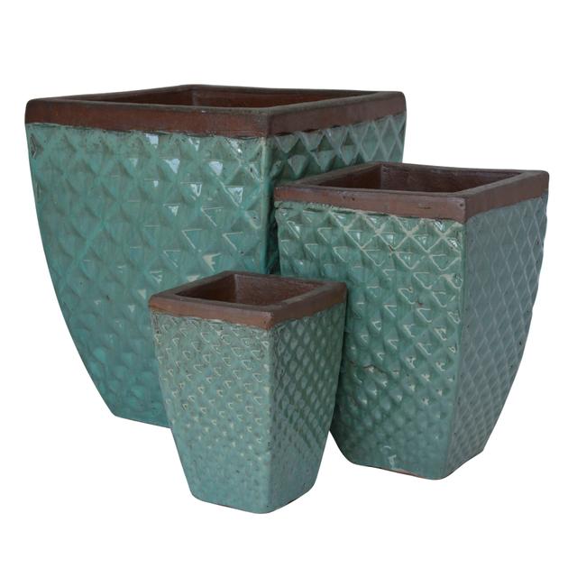 Set Of 3 Glazed Terracotta Pots (EW-7161_R Green)