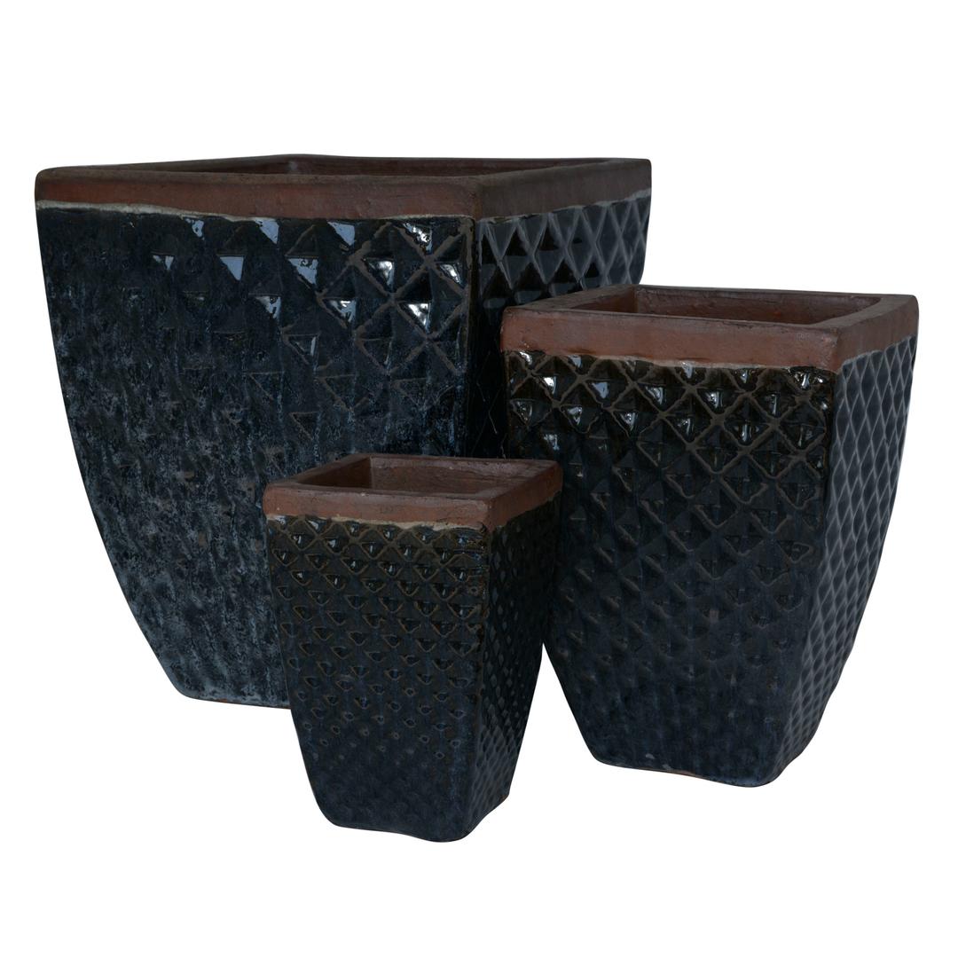 Set Of 3 Glazed Terracotta Pots (EW-7161_Black)