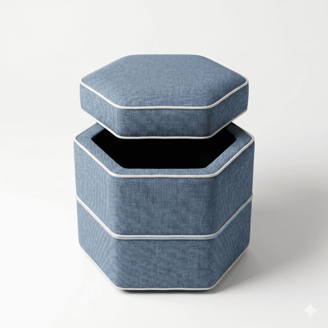Hexagon Storage Ottoman – Light Blue with Cream Pipping
