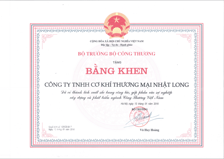 Misnistry of Trade Awards for Outstanding Devotion to the development of Vietnam Trade 2016