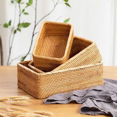 Set of 3 Rectangular Rattan Storage Baskets