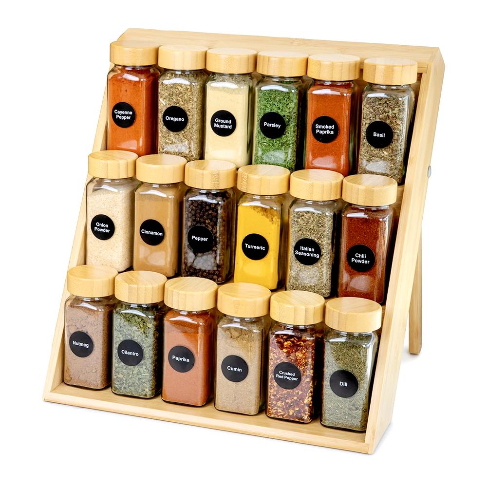 Bamboo Spice Rack for Counter, Cabinet & Drawer - Extra Sturdy Non-Slip Seasoning Organizer - 3 Tiered Foldable Wooden Spice Rack with Funnel, Spice Labels & Side Hanging Hooks - Organic Bamboo