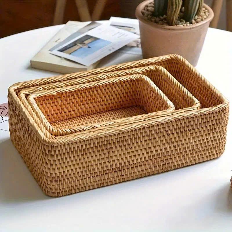 Set of 3 Rectangular Rattan Storage Baskets